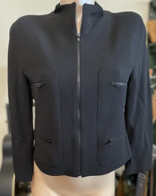 复古 Krizia 羊毛夹克女式 40 黑色意大利制造拉链口袋,闭合 — 第 1/4 张图片