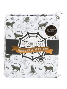 Halloween Laken Set, schwarze Katze und Kürbis Druck, gebürstetes weiches Polyester, Zwilling - Bild 1 von 2