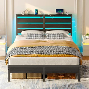 Bed Frame Full Size with USB Charging Station, LED Bed Frame with Wood Storage H - Picture 1 of 7
