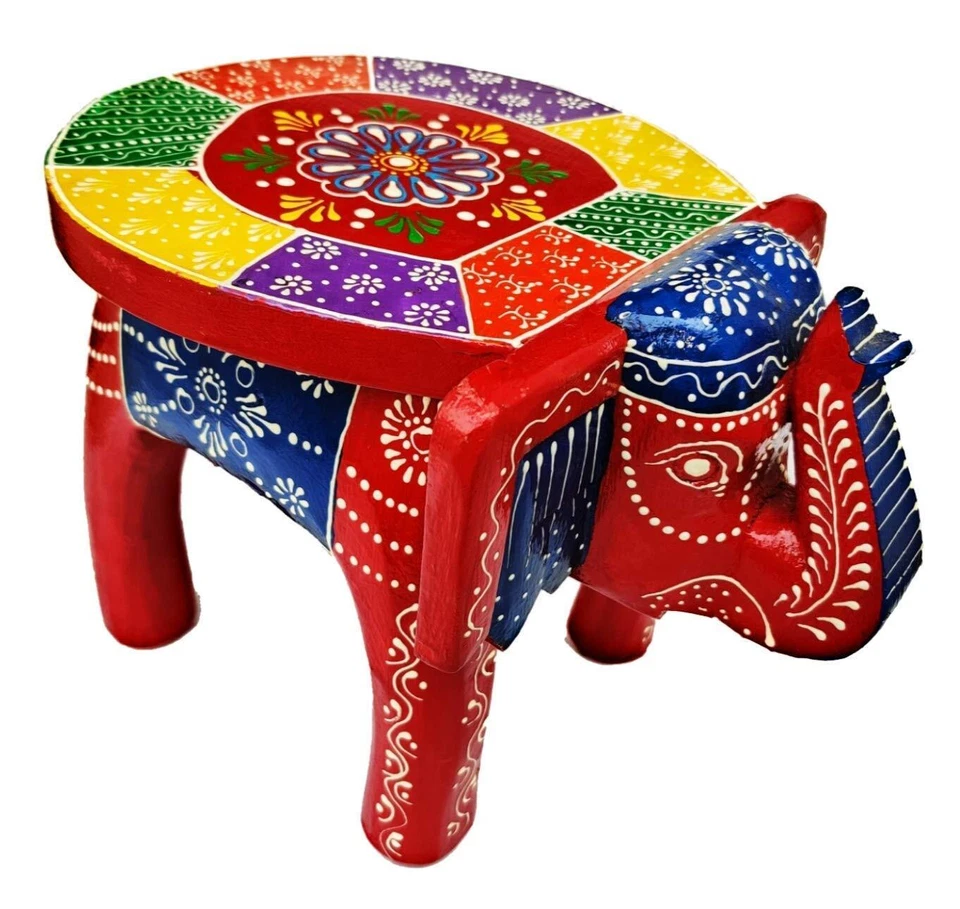 Hand-Crafted Wooden Elephant Stool, Emboss Painted (Multicolored) - Image 1 of 4