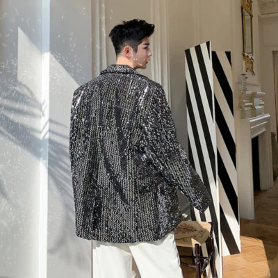 Men Glitter Sequin Suit Jacket Tops Notch Lapel Blazer Top Coat Showman Dance - Image 1 of 4