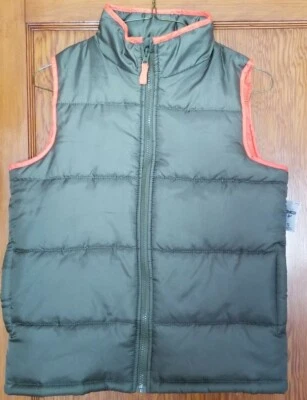 OshKosh B'gosh Boys Puffer Vest Olive Green with Orange Interior Youth Size 12 - Image 1 of 4