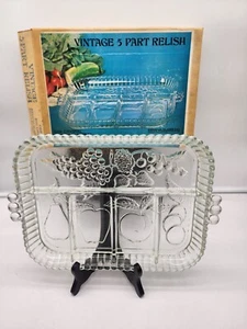 Vintage Indiana Crystal Clear Glass Divided Relish Tray Fruit Pattern in Box - Picture 1 of 3