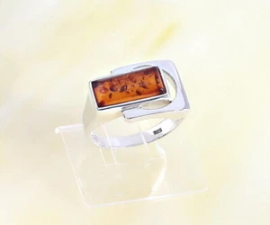 Anello ambra argento 925 vero argento sterling marrone cognac misura 17 - 25 mm 9s11 - Foto 1 di 1