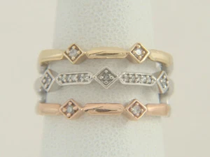 10K Yellow, Rose and White Gold 3 Row Natural Diamond Band Size 5.5 - Picture 1 of 11