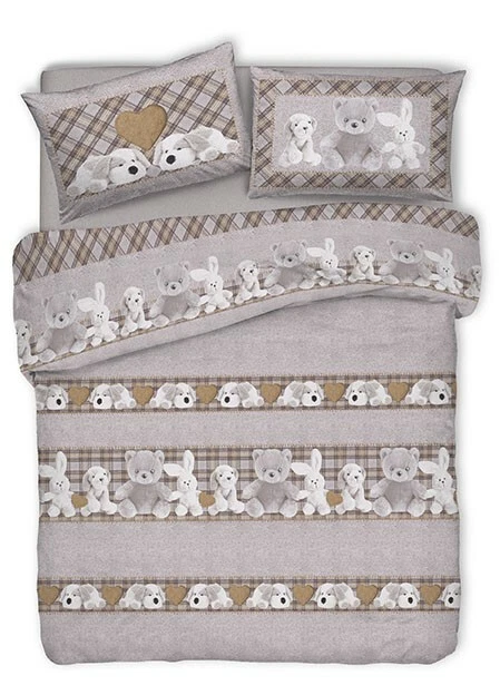Parure copripiumino singolo matrimoniale orsetti cani coniglietto pupazzi beige - Immagine 1 di 1