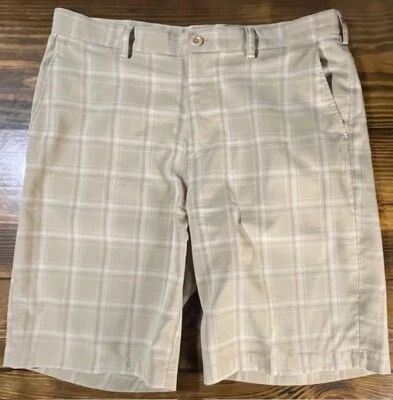 Pantalones cortos de golf Izod, para hombre talla 34, caqui, beige, rayas, RN 121096, frente plano Foto 1 de 4