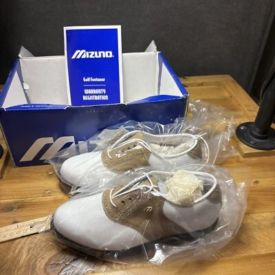 Ladies MST Golf Shoes Cleats Mizuno White Tan sz 6 1/2 M leather 9384 - Image 1 of 4