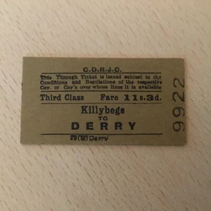 Irish. Railway. Ticket;. (. Killybegs. To. Derry, ) P-83 - Picture 1 of 1