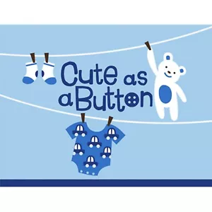 Cute as a Button Boy Clothesline Teddy Bear Baby Shower Party Invitations Cards - Picture 1 of 1