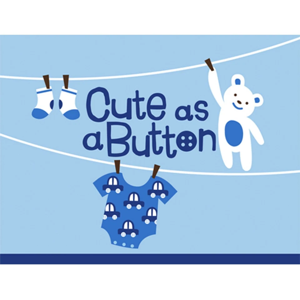 Cute as a Button Boy Clothesline Teddy Bear Baby Shower Party Invitations Cards - Image 1 of 1