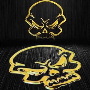 Calcomanía de emblema de vinilo elevado de 4""x 3,75"" pegatina esqueleto de calavera de fuego cromado dorado - Imagen 1 de 3