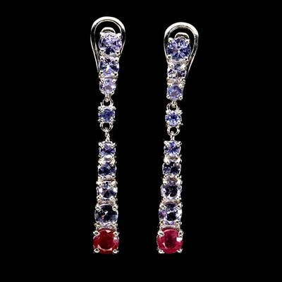 925 Sterling Silver Earrings Round Ruby Tanzanite Natural Gemstone Jewelry - Image 1 of 4