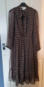 Size 16 JD WILLIAMS black And Brown Geo Print Lurex Pussy Bow Neck Dress BNWT - Picture 1 of 8