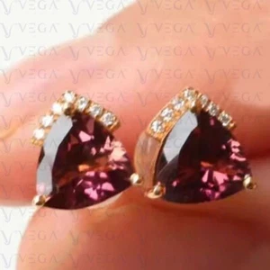 3.21Ct Trillion Natural Tourmaline & Diamond Stud Earring 14K Solid Rose Gold - Picture 1 of 9