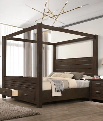 1Pc Brown King Canopy Bed Storage Footboard Luxurious Bedroom Furniture - Image 1 of 3