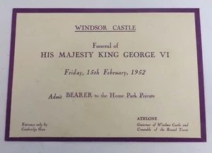 KÖNIG GEORGE VI KÖNIGLICHER BEERDIGUNGSPASS WINDSOR SCHLOSS PRIVATE EINLADUNG TICKET 1952 - Bild 1 von 5