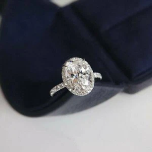 3 Ct Oval Lab Created Diamond Halo Engagement Wedding Ring 14K White Gold Over - Picture 1 of 6