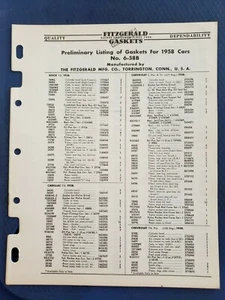 Fitzgerald Gaskets - Preliminary Listing of Gaskets For 1958 Cars F - Bild 1 von 4