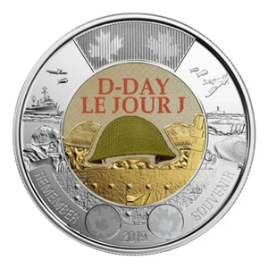 Moneda Toonie 2019 canadiense de 2 USD día D 75 aniversario recuerdo de color - Unc ex como nueva - Imagen 1 de 2