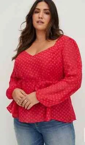 TORRID Peplum Long Sleeve Heart Chiffon Blouse Sz 0, L, 12 Magenta Sheer NWT - Picture 1 of 10