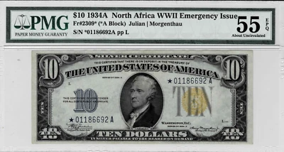 1934A $10 N.AFRICA Silver Certificate*STAR*note--fr.2309*--PMG AU 55 EPQ - Image 1 of 4