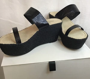 elizabeth and james Boca Wedge Sandal Black Straw Double Strap  Size 9 New - Picture 1 of 8