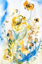 1968 Vintage Evaline Webb Floral Watercolor Garden Art Butterfly 60s Mid-Century