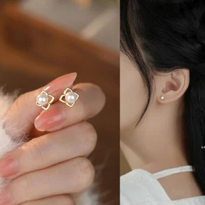 Stud Earrings Round Square Gold Faux Pearl Small Tiny Dainty Womens Girls Gift - Picture 1 of 6