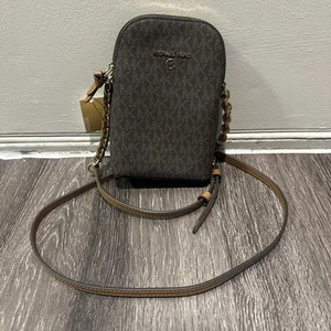 Michael Kors Jet Set Charm Small Logo North South Phone Crossbody Brown Acorn - Picture 1 of 6
