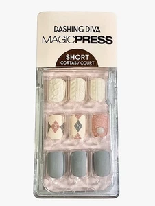 Dashing Diva Magic Press Nails Argyle  Pattern, Ivory, Gray  Pink PO419 SHORT - Picture 1 of 4