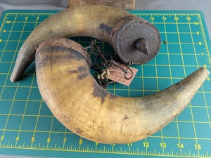 2 antike primitive Conestoga Wagen Fetthörner mit Kette 19. Jh. Americana - Bild 1 von 9