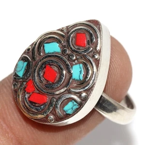 11gms Tibetan Turquoise Red Coral Nepali Tribal Ring Jewelry Size US 9 AU V672 - Bild 1 von 3