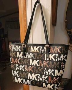 Michael Kors Purse Tote Bag Black Animal Print Purse Large Gold Logo - Picture 1 of 5