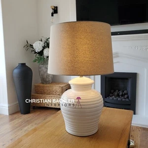 Large White Ceramic Table Lamp Ribbed Urn Base Linen Shade Modern Lighting 62cm - Picture 1 of 9