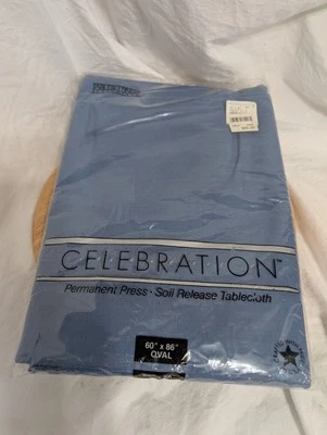 #240 Oval 60" X 86" Tablecloth New In Package, Smoke Blue Permanent Press - Image 1 of 4