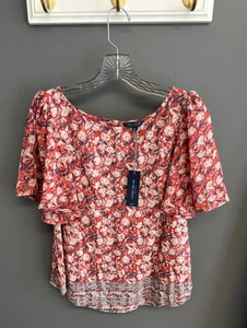 Lucky Brand Flatterärmel Damen Gr. L Top Blumen Schlüsselloch Bluse Boho Neu mit Etikett - Bild 1 von 7