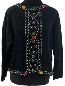 Vintage Pullover schwarz schick Perlen Schmuck Perlen Urlaub Party Silvester festlich S - Bild 1 von 16