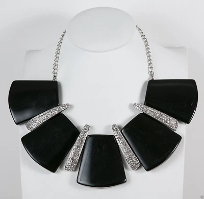 Kenneth Jay Lane Negro Resina Gotas Rodio/Estrás Barras Babero Collar Foto 1 de 2