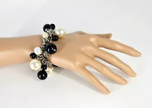 Chunky Black White Beaded Bracelet Chain Stretch Statement - Picture 1 of 5