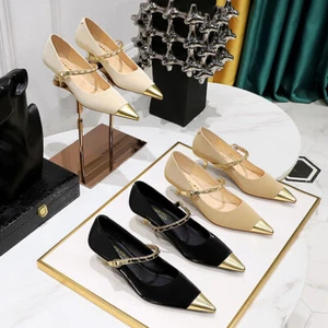 Mujer Elegante Dos Tonos Hebilla Correa Metal Cadena Gatito Tacón Bomba Banquete Zapatos - Imagen 1 de 15
