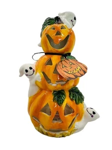 Blue Sky Clayworks Happy Harvest Pumpkin & Ghost Tealight CandleHolder Halloween - Picture 1 of 15