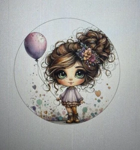 BROWN HAIR GIRL WITH BALLOON  ENVELOPE PARTY LABELS STICKERS SCRAPBOOK ROUND 30 - Picture 1 of 1
