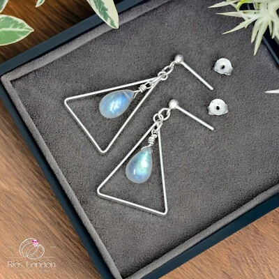 925 Sterling Silver Triangle Moonstone Teardrop Dangle Earrings - Gift Boxed - image 1 of 3
