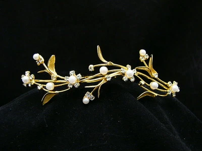 Gold Bridal Rhinestone Crystal Pearl Flower Wedding Tiara Hair Comb 5261 - Image 1 of 3