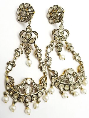 Elegante Polki Pavé di Diamanti Perla Gemma 925 Argento Sterling Orecchini - Immagine 1 di 4