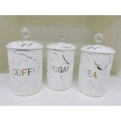 Canisters Tea Coffee Sugar Jar Air Tight Marble Effect Storage Set White Gift - Image 1 of 4