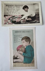 2 VTG 1930s HAND-COLORED BIRTHDAY RPPCs BOY PLAYING W/ TOY TRAIN BLOWING BALLOON - Picture 1 of 2