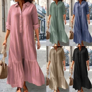 Hemdblusenkleid Aus Baumwolle Und Leinen Für Frauen In Übergröße Lockere Und | - Picture 1 of 21
