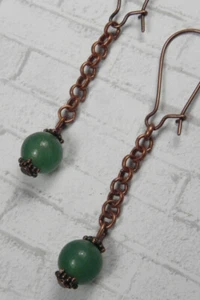 Green Jade Rolo Chain Round Bead Pierced Earrings Handmade Antique Copper New - Picture 1 of 3